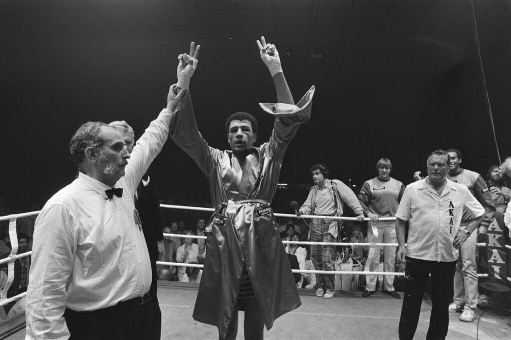 Professional boxer Alex Blanchard celebrates his European Championship in the ring